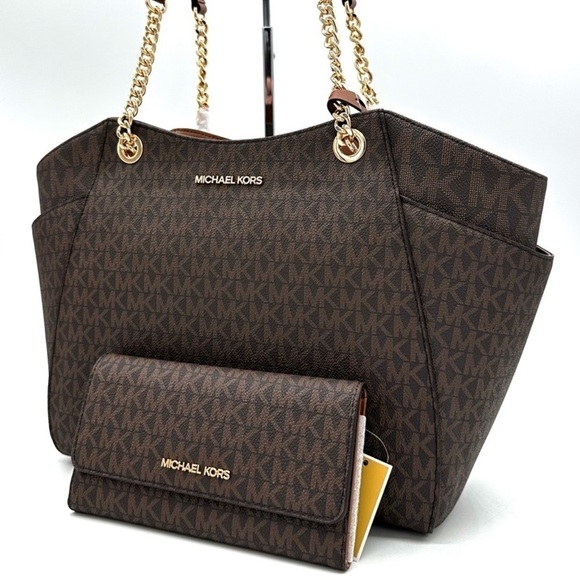 Michael Kors Large Jet Set Travel Chain Shoulder Bag & Trifold Wallet Brown - Picture 1 of 14
